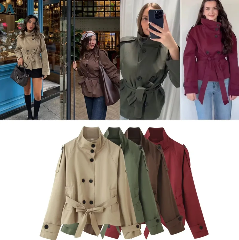 Damen 400+ kurzer taillierter Trenchblouson mit Stehkragen, doppelreihiger Knopfleiste und Bindegürtel Nord Taschen