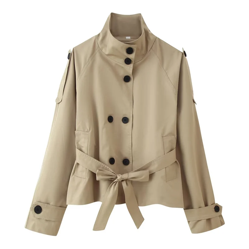Damen 400+ kurzer taillierter Trenchblouson mit Stehkragen, doppelreihiger Knopfleiste und Bindegürtel Nord Taschen