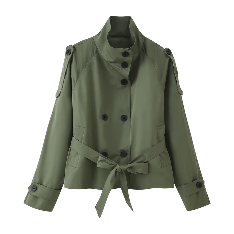 Damen 400+ kurzer taillierter Trenchblouson mit Stehkragen, doppelreihiger Knopfleiste und Bindegürtel Nord Taschen