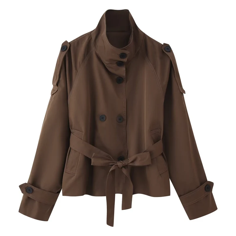 Damen 400+ kurzer taillierter Trenchblouson mit Stehkragen, doppelreihiger Knopfleiste und Bindegürtel Nord Taschen