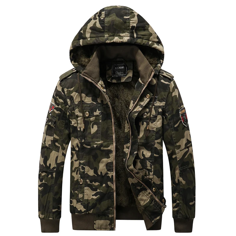Herren Gefütterte Kapuzenparka im Camouflage-Militärstil mit Teddyfutter Nord Taschen