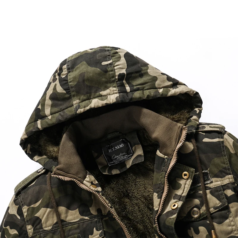 Herren Gefütterte Kapuzenparka im Camouflage-Militärstil mit Teddyfutter Nord Taschen