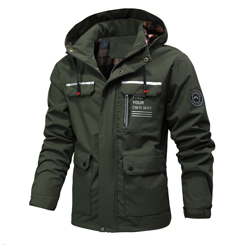 Herren Funktionsjacke mit Kapuze, Utility-Taschen und kariertem Futter Nord Taschen