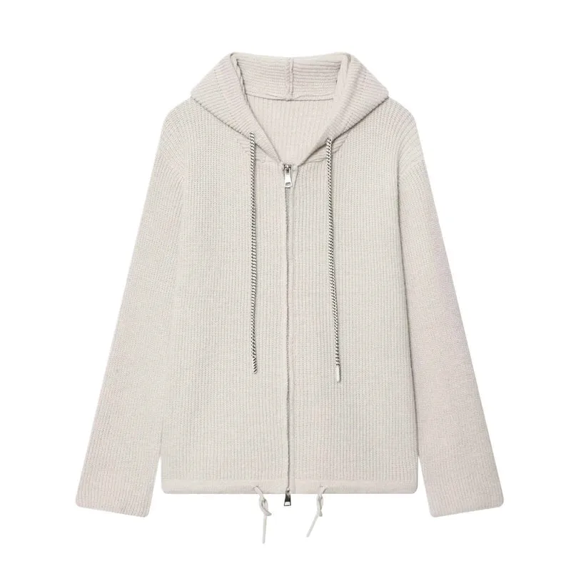 Damen Grobstrick-Kapuzenjacke mit Reißverschluss und Kordelzug Nord Taschen