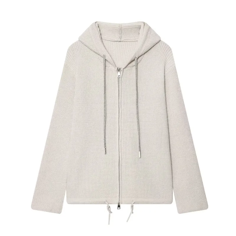 Damen Grobstrick-Kapuzenjacke mit Reißverschluss und Kordelzug Nord Taschen