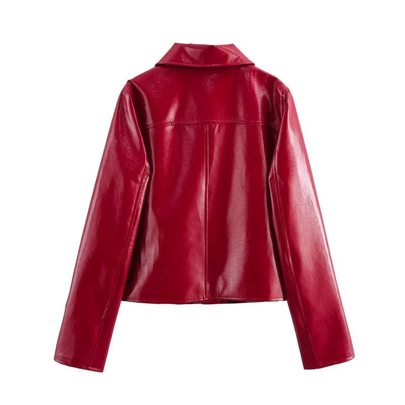 Damen Glänzende Kunstleder-Blusenjacke im Boxy‑Schnitt mit Hemdkragen Nord Taschen