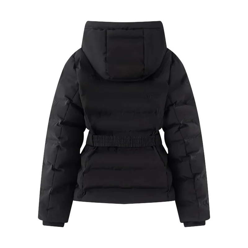 Damen Glänzende Daunenoptik-Steppjacke mit Kapuze und tailliertem Zugbandgürtel Nord Taschen