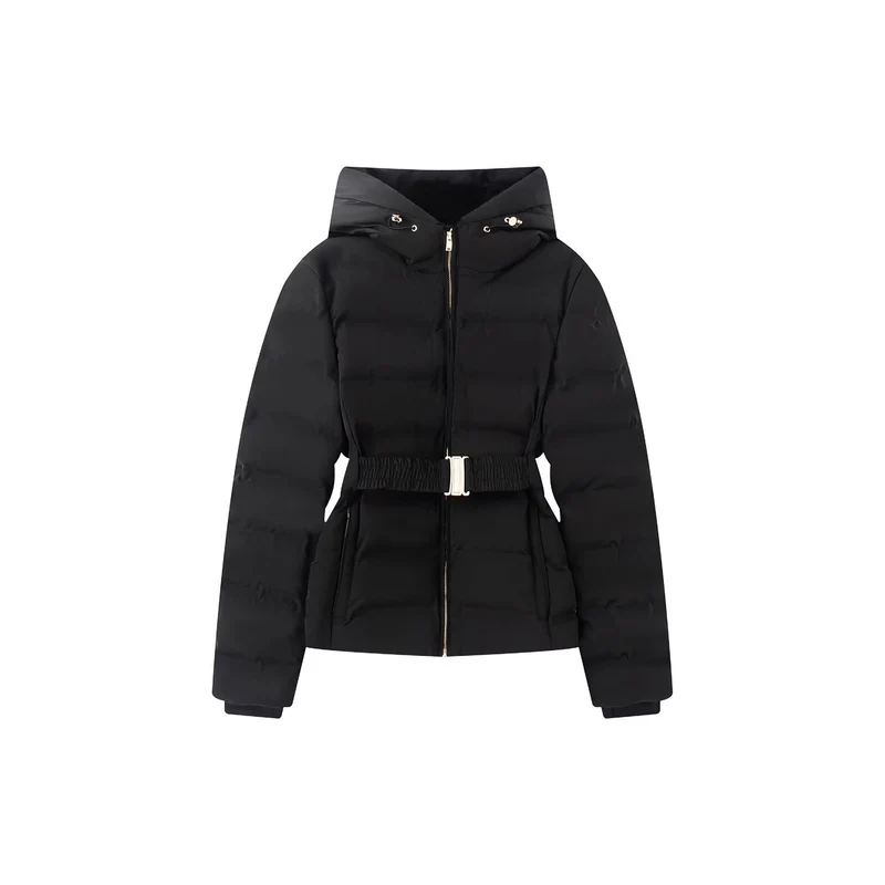 Damen Glänzende Daunenoptik-Steppjacke mit Kapuze und tailliertem Zugbandgürtel Nord Taschen
