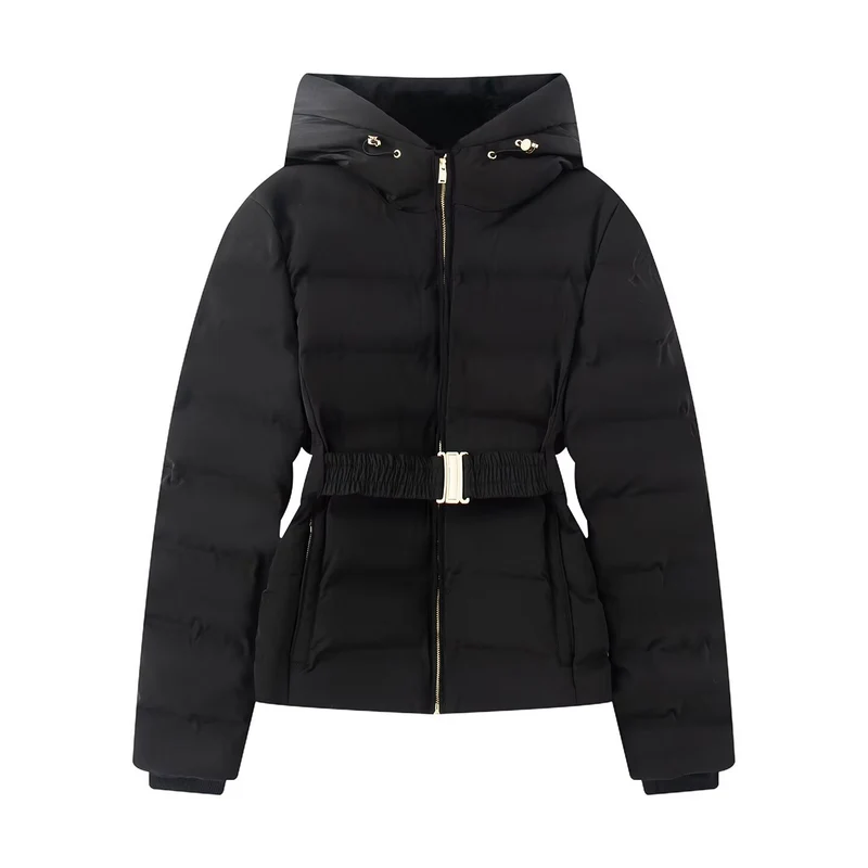 Damen Glänzende Daunenoptik-Steppjacke mit Kapuze und tailliertem Zugbandgürtel Nord Taschen
