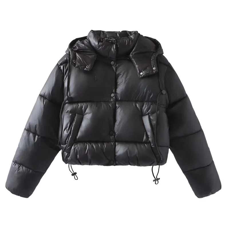 Damen Glänzende Cropped Pufferjacke mit Kordelzug und Druckknopfblende Nord Taschen