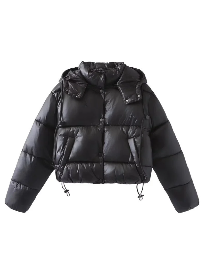Damen Glänzende Cropped Pufferjacke mit Kordelzug und Druckknopfblende Nord Taschen