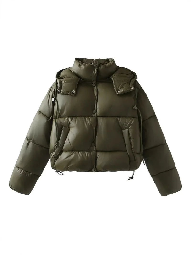 Damen Glänzende Cropped Pufferjacke mit Kordelzug und Druckknopfblende Nord Taschen
