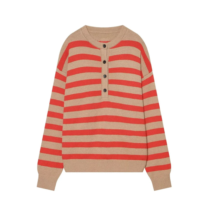 Damen Gestreifter Strickpullover mit Henley-Knopfleiste Nord Taschen