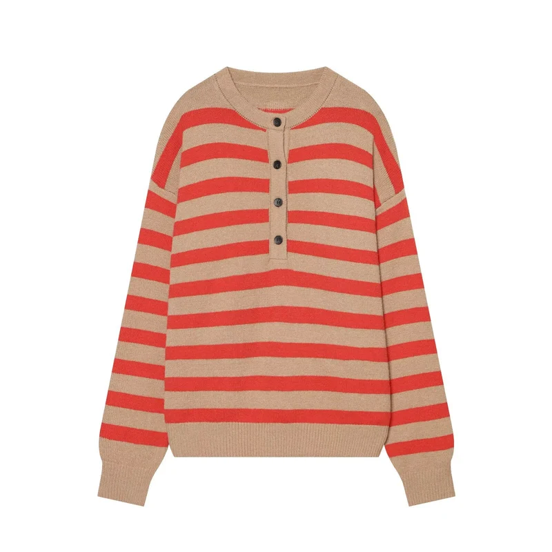 Damen Gestreifter Strickpullover mit Henley-Knopfleiste Nord Taschen