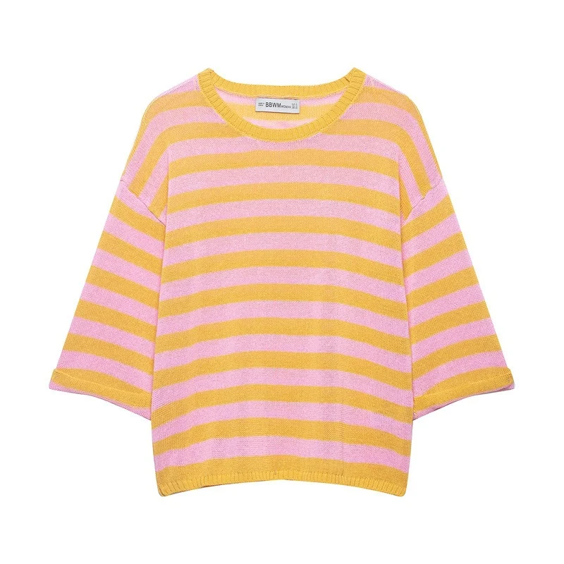 Damen Gestreifter Oversize-Strickpullover mit weitem dreiviertelärmel und Rundhalsausschnitt Nord Taschen