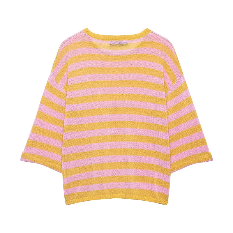 Damen Gestreifter Oversize-Strickpullover mit weitem dreiviertelärmel und Rundhalsausschnitt Nord Taschen