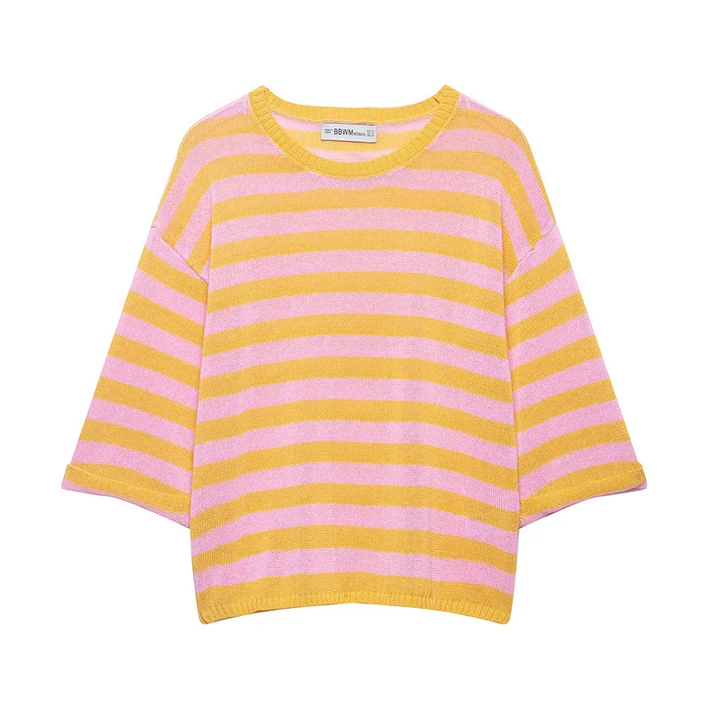 Damen Gestreifter Oversize-Strickpullover mit weitem dreiviertelärmel und Rundhalsausschnitt Nord Taschen