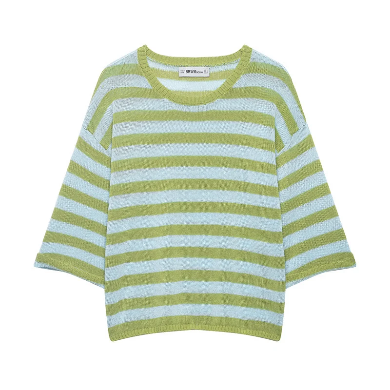 Damen Gestreifter Oversize-Strickpullover mit weitem dreiviertelärmel und Rundhalsausschnitt Nord Taschen