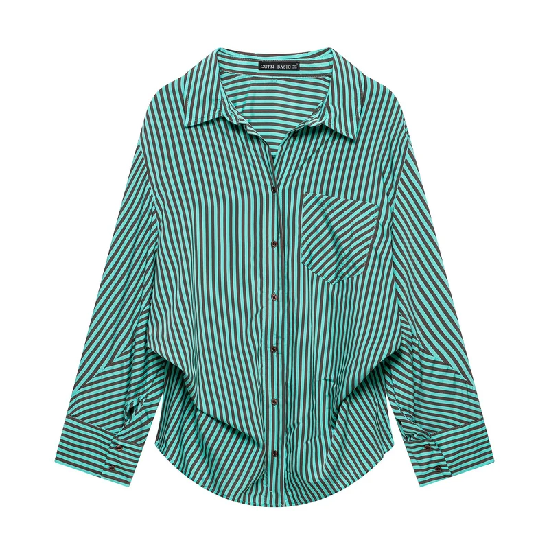 Damen Gestreifte Oversize-Hemdbluse mit Brusttasche und weiten Manschetten Nord Taschen