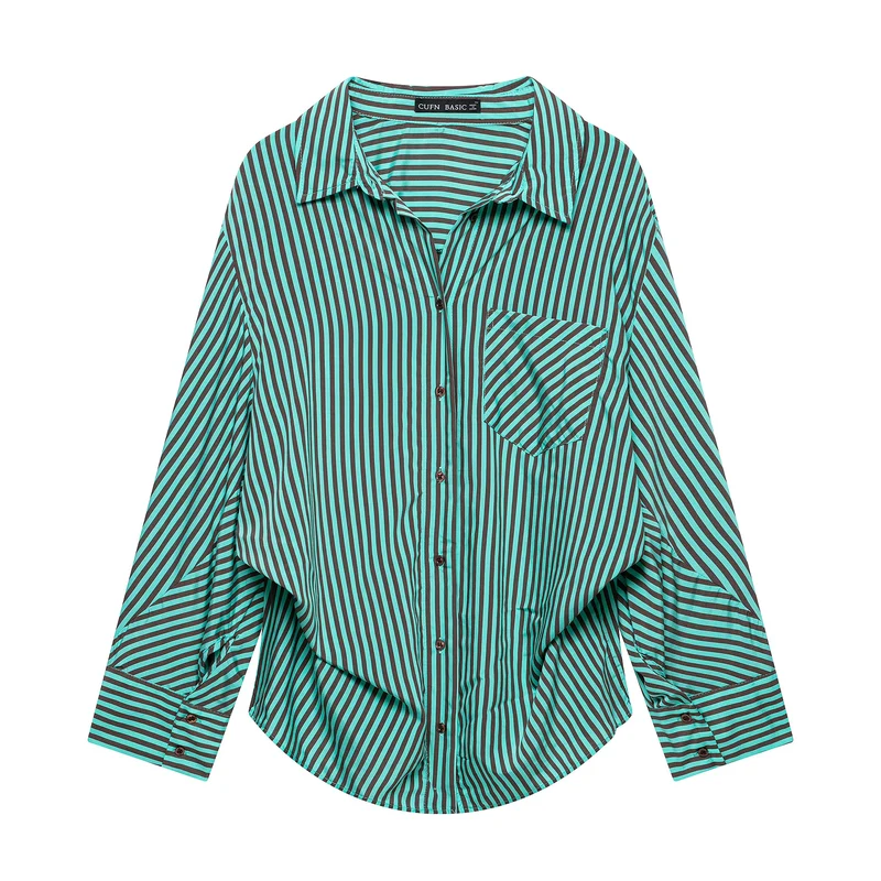 Damen Gestreifte Oversize-Hemdbluse mit Brusttasche und weiten Manschetten Nord Taschen