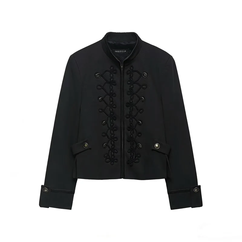 Damen Cropped-Militärjacke mit Stehkragen und dekorativer Kordelapplikation Nord Taschen