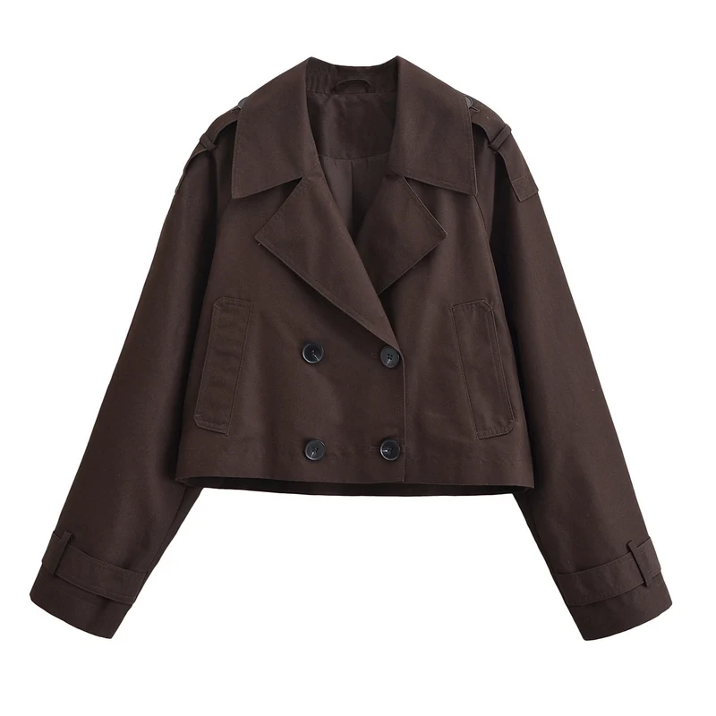 Damen Cropped Manteljacke im Trenchstil mit doppelreihiger Knopfleiste und Schulterklappen Nord Taschen