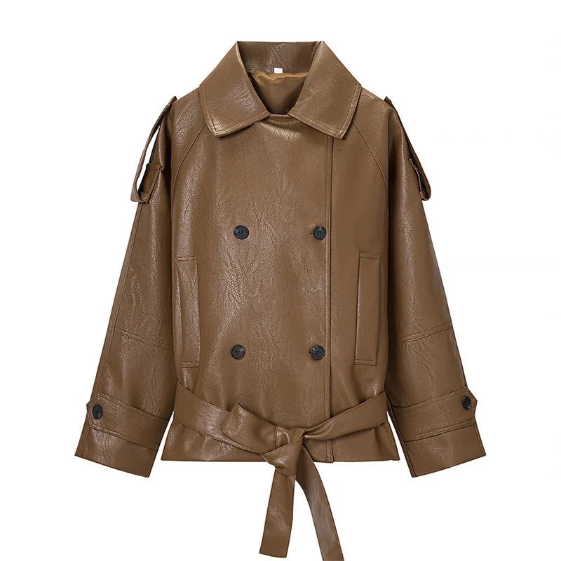 Damen Cropped Kunstleder-Trenchjacke mit Taillengürtel, Doppelreiher und Schulterklappen Nord Taschen