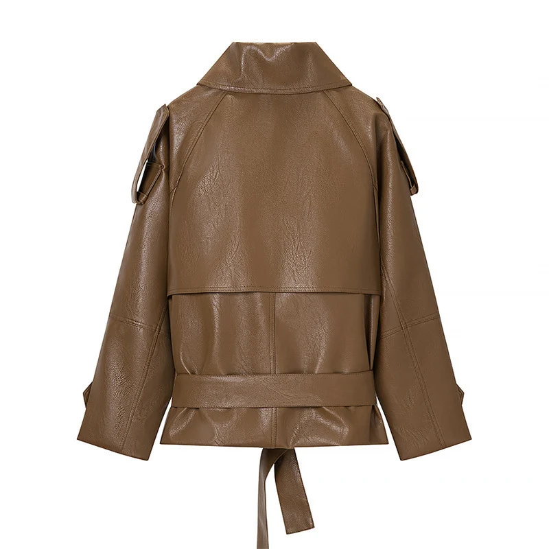Damen Cropped Kunstleder-Trenchjacke mit Taillengürtel, Doppelreiher und Schulterklappen Nord Taschen
