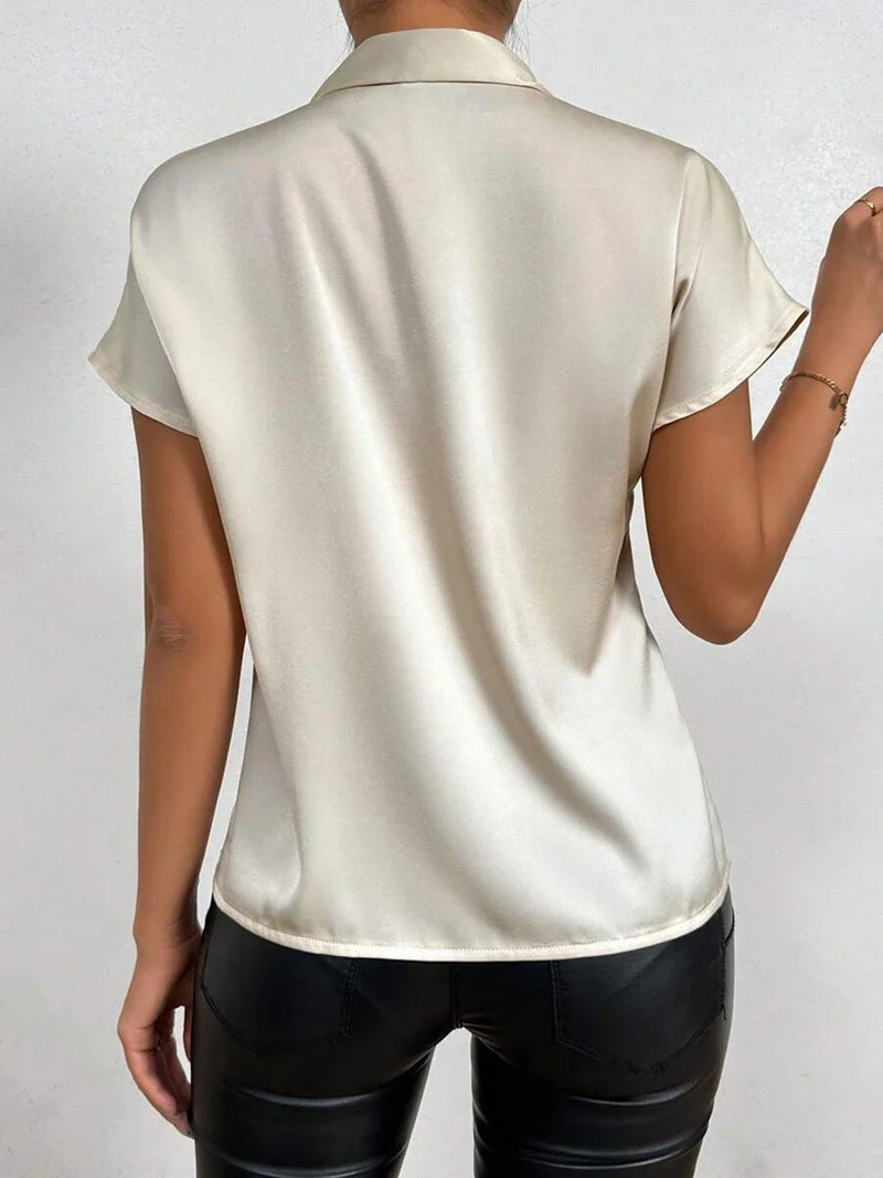 Satinbluse Kurzarm Hoher Kragen mit Schleife Eleganter Entspannter Schnitt - Arvani