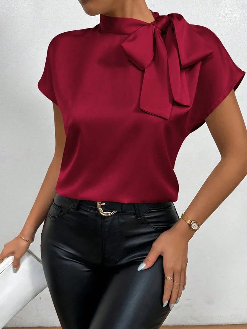 Satinbluse Kurzarm Hoher Kragen mit Schleife Eleganter Entspannter Schnitt - Arvani