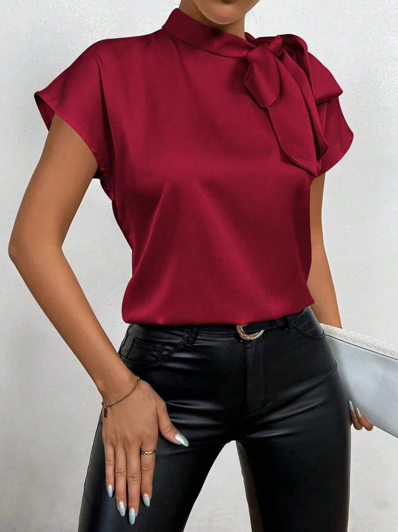 Satinbluse Kurzarm Hoher Kragen mit Schleife Eleganter Entspannter Schnitt - Arvani