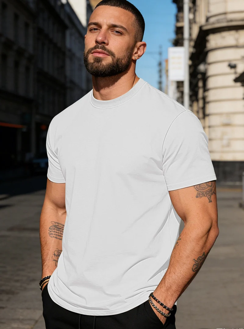 Herren körperbetontes hochwertiges Baumwollshirt mit Rundhalsausschnitt