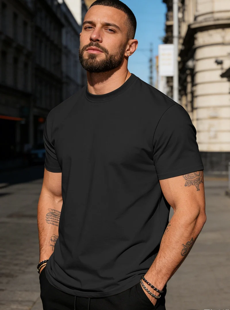 Herren körperbetontes hochwertiges Baumwollshirt mit Rundhalsausschnitt