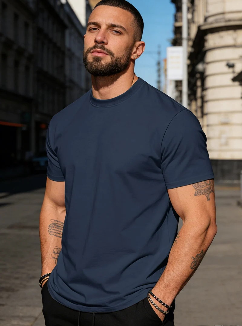 Herren körperbetontes hochwertiges Baumwollshirt mit Rundhalsausschnitt