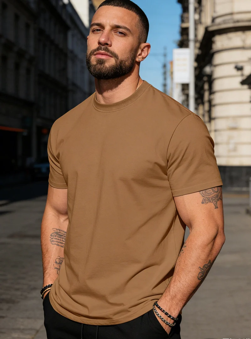 Herren körperbetontes hochwertiges Baumwollshirt mit Rundhalsausschnitt
