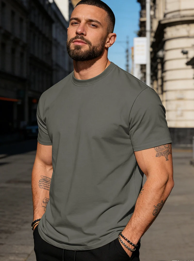Herren körperbetontes hochwertiges Baumwollshirt mit Rundhalsausschnitt