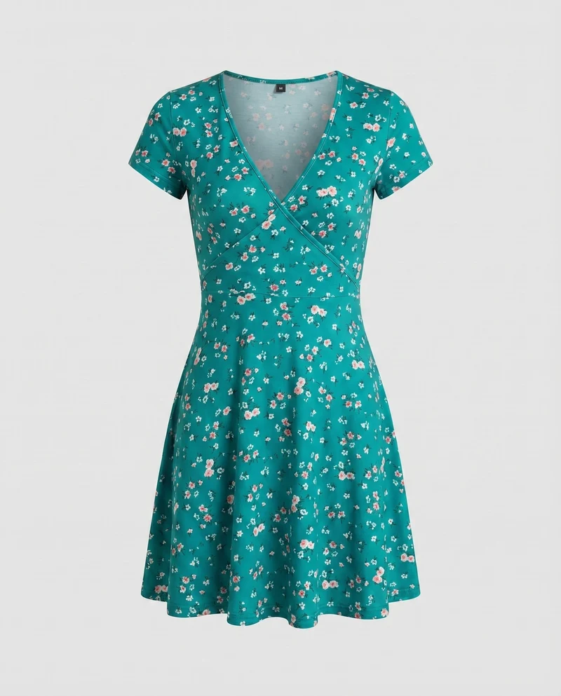 Damen Blüten-Freizeitkleid Cross-Over-Stil Skaterrock Tailliert