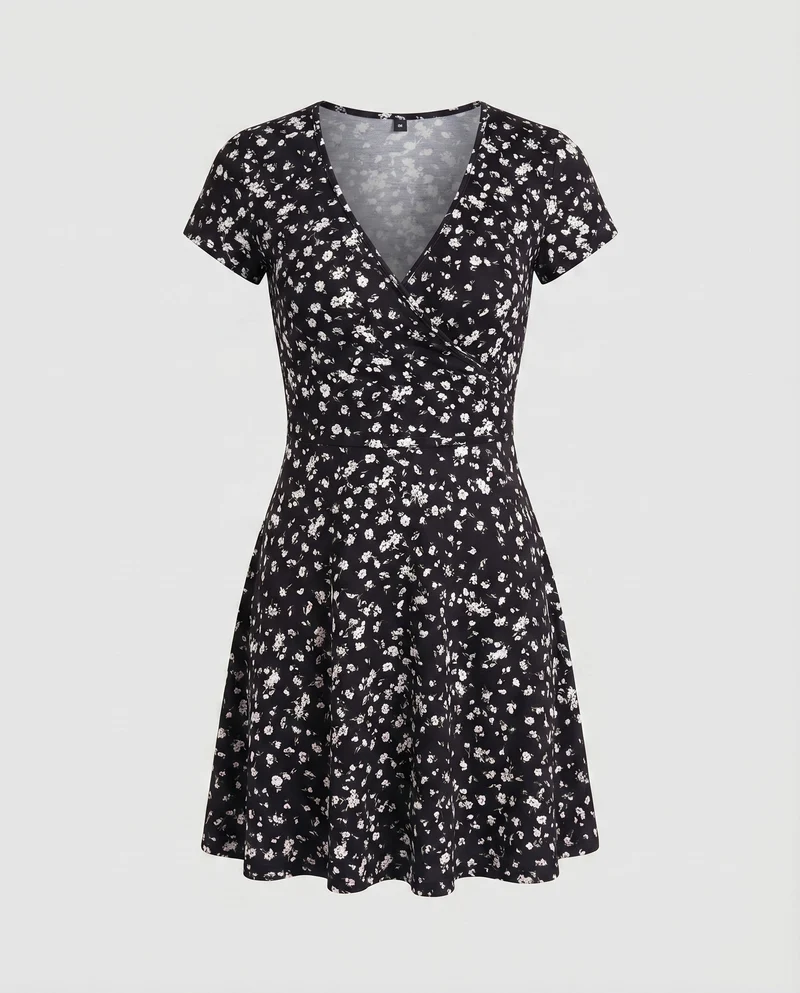 Damen Blüten-Freizeitkleid Cross-Over-Stil Skaterrock Tailliert