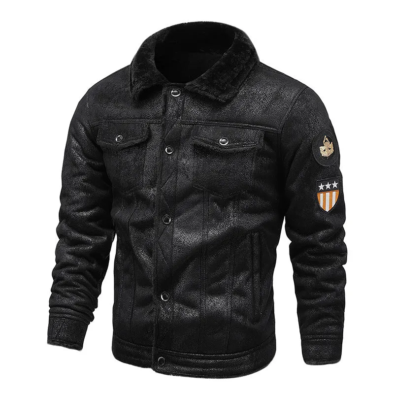 Herren Fliegerjacke aus Kunstleder mit Teddyfell-Futter und Aufnäher Nord Taschen