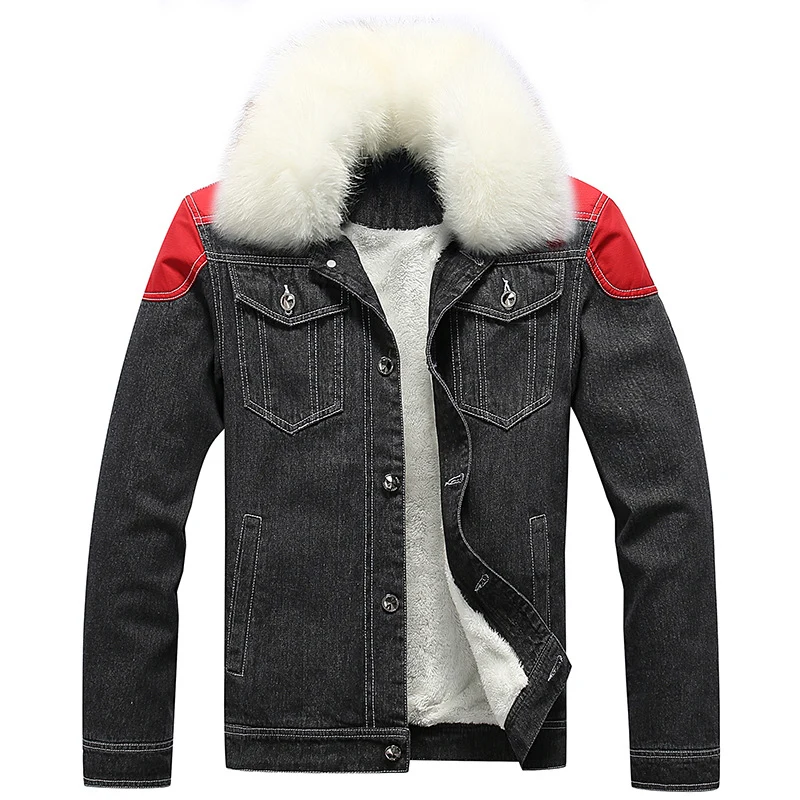 Herren Denim Worker-Jacke mit Kunstfellkragen, Teddy-Innenfutter und roten Schulterpatches Nord Taschen