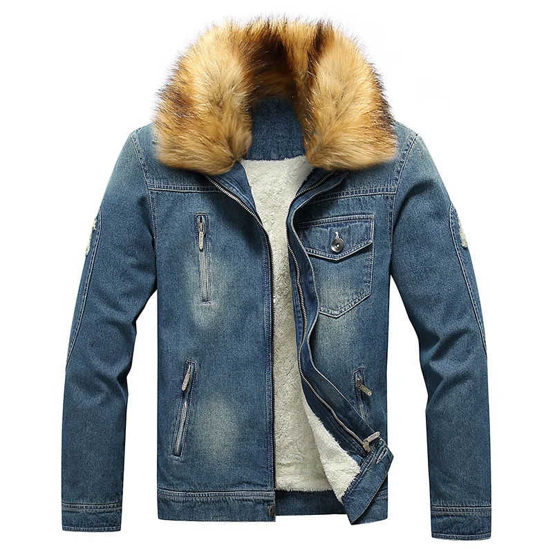 Herren Denim-Utilityjacke mit Fleece-Innenfutter und markantem Kunstfellkragen Nord Taschen