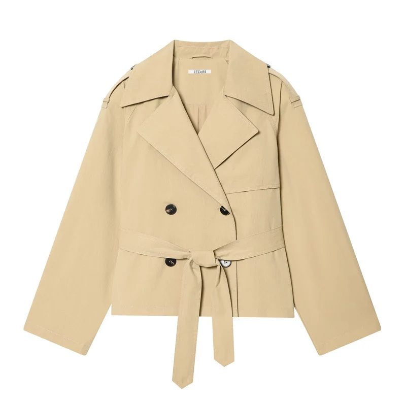Damen Cropped doppeltreihiger Trenchblazer mit Bindegürtel und Epauletten Nord Taschen