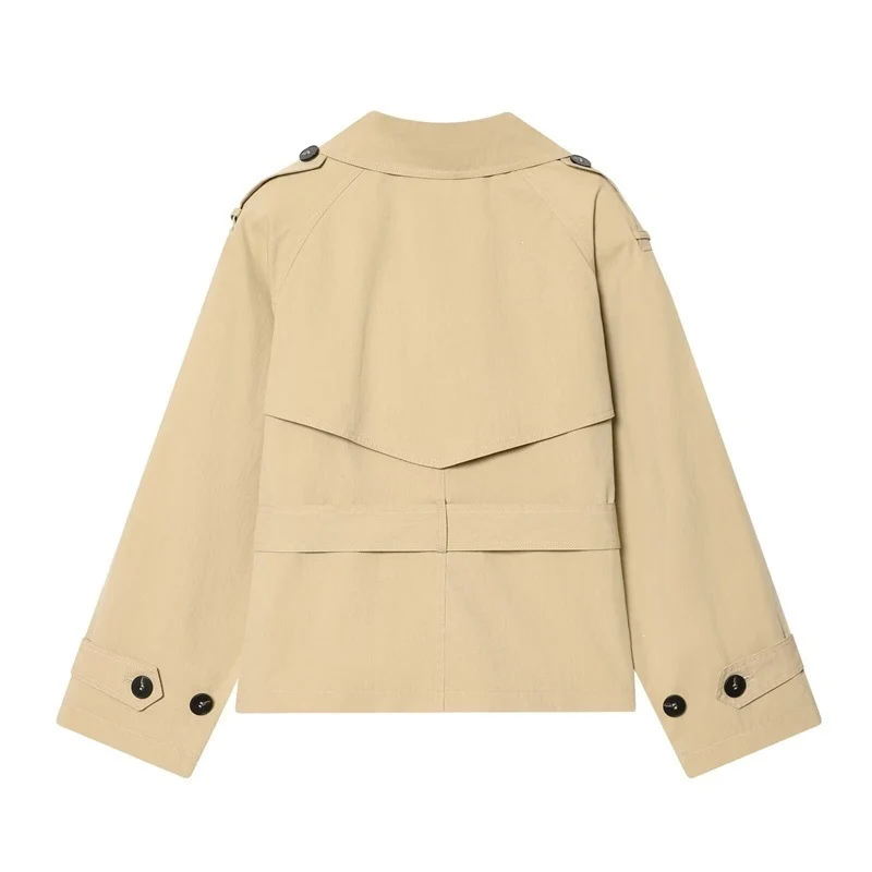 Damen Cropped doppeltreihiger Trenchblazer mit Bindegürtel und Epauletten Nord Taschen
