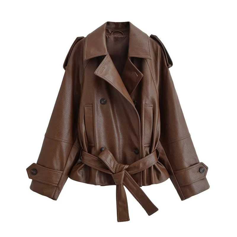 Damen Cropped Doppelreihiger Kunstleder-Trench mit Taillengürtel und Schulterpatten Nord Taschen