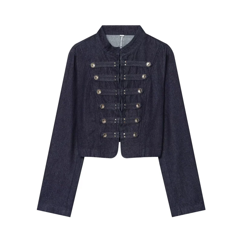 Damen Cropped Denim Militärjacke mit Stehkragen und dekorativer Zierknopfleiste Nord Taschen