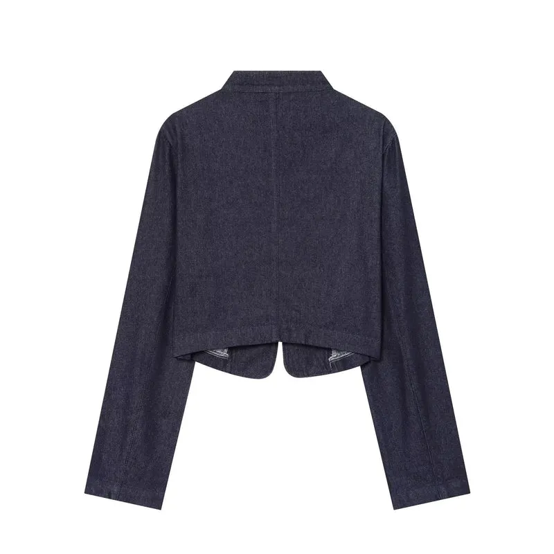 Damen Cropped Denim Militärjacke mit Stehkragen und dekorativer Zierknopfleiste Nord Taschen