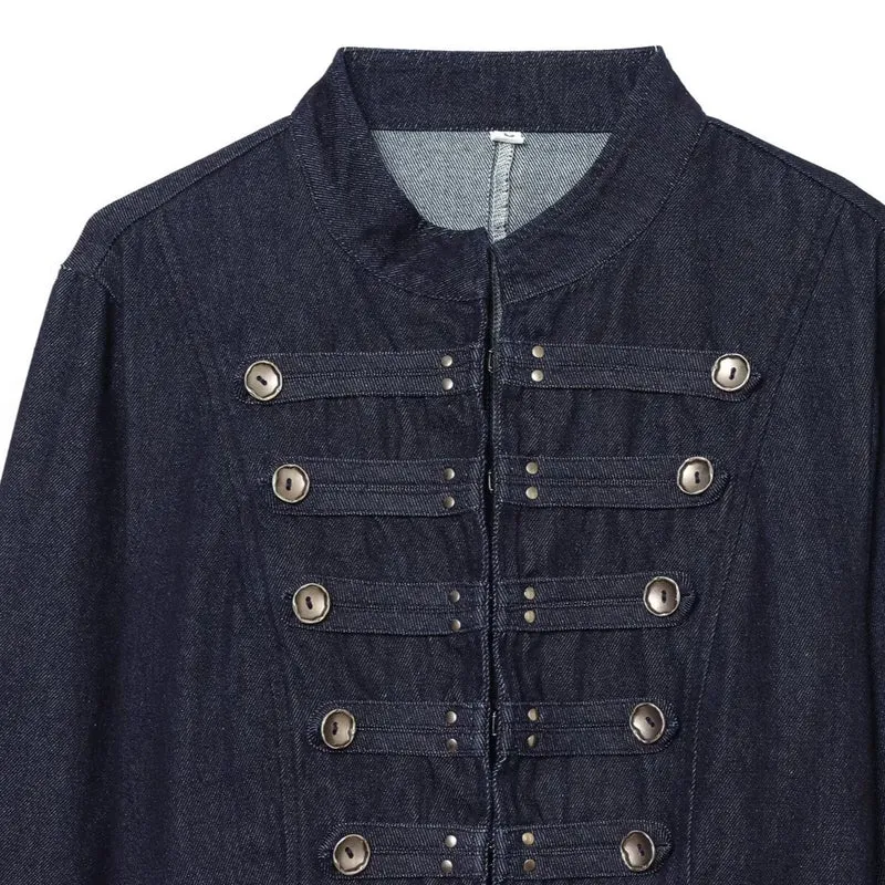Damen Cropped Denim Militärjacke mit Stehkragen und dekorativer Zierknopfleiste Nord Taschen