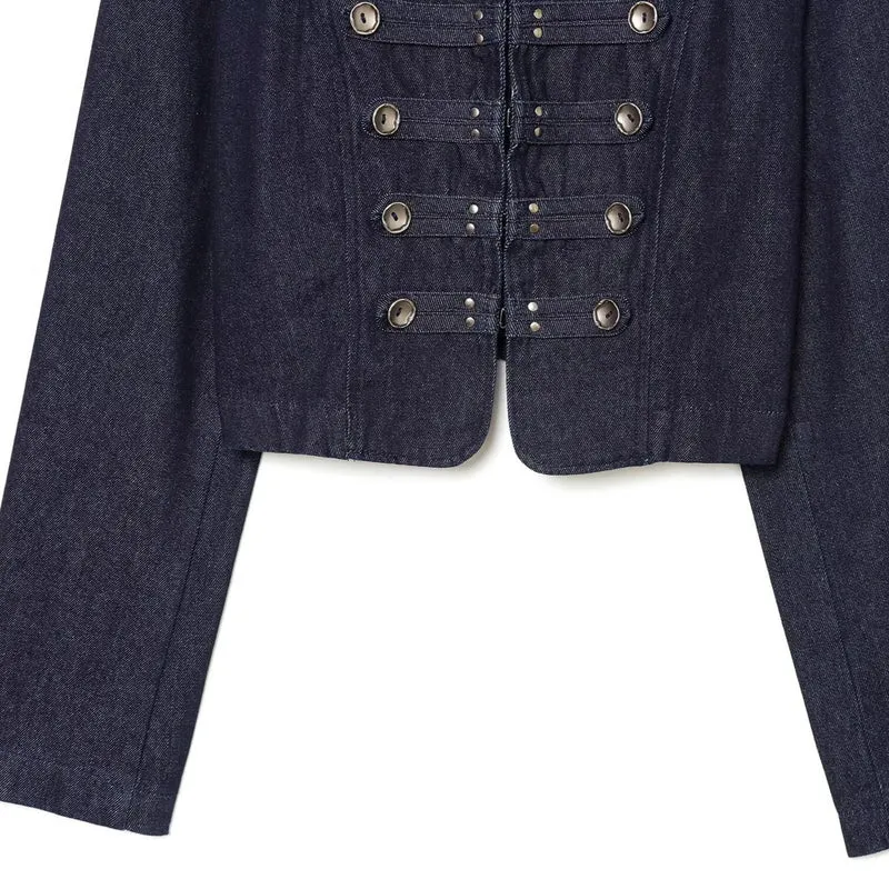 Damen Cropped Denim Militärjacke mit Stehkragen und dekorativer Zierknopfleiste Nord Taschen