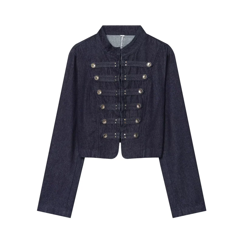 Damen Cropped Denim Militärjacke mit Stehkragen und dekorativer Zierknopfleiste Nord Taschen