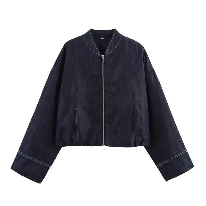 Damen Cropped Denim-Bomberjacke mit überschnittenen Ärmeln und Kontrastnaht Nord Taschen